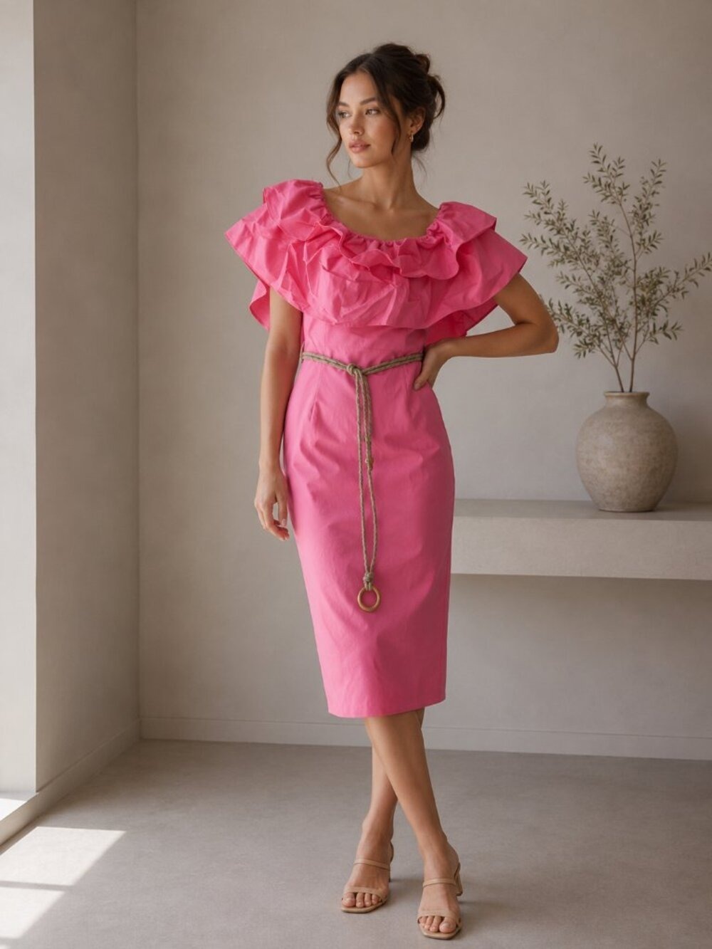 *Rinascimento Pink Ruffle Off-Shoulder Midi Dress with Rope Belt Size M 0568
